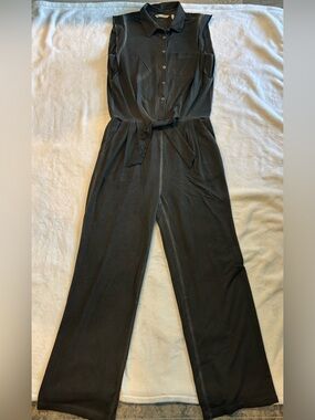 Soft Surroundings Gray Sleeveless Button-Up Tie-Waist Jumpsuit